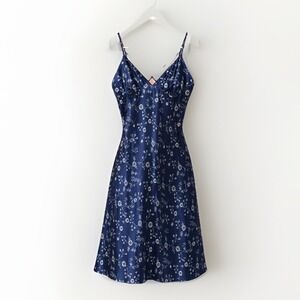 Blue Floral Satin Maxi Dress Slip Strappy Back Babydoll Grunge Cottagecore Y2K L